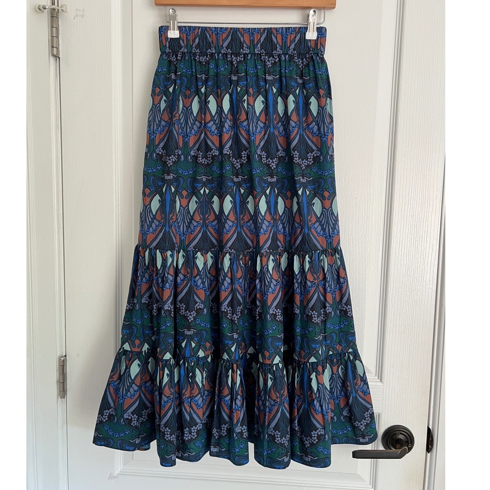 Cara Cara Chase Tiered Skirt Forest Biome Blue Green Boho Western Prairie XS